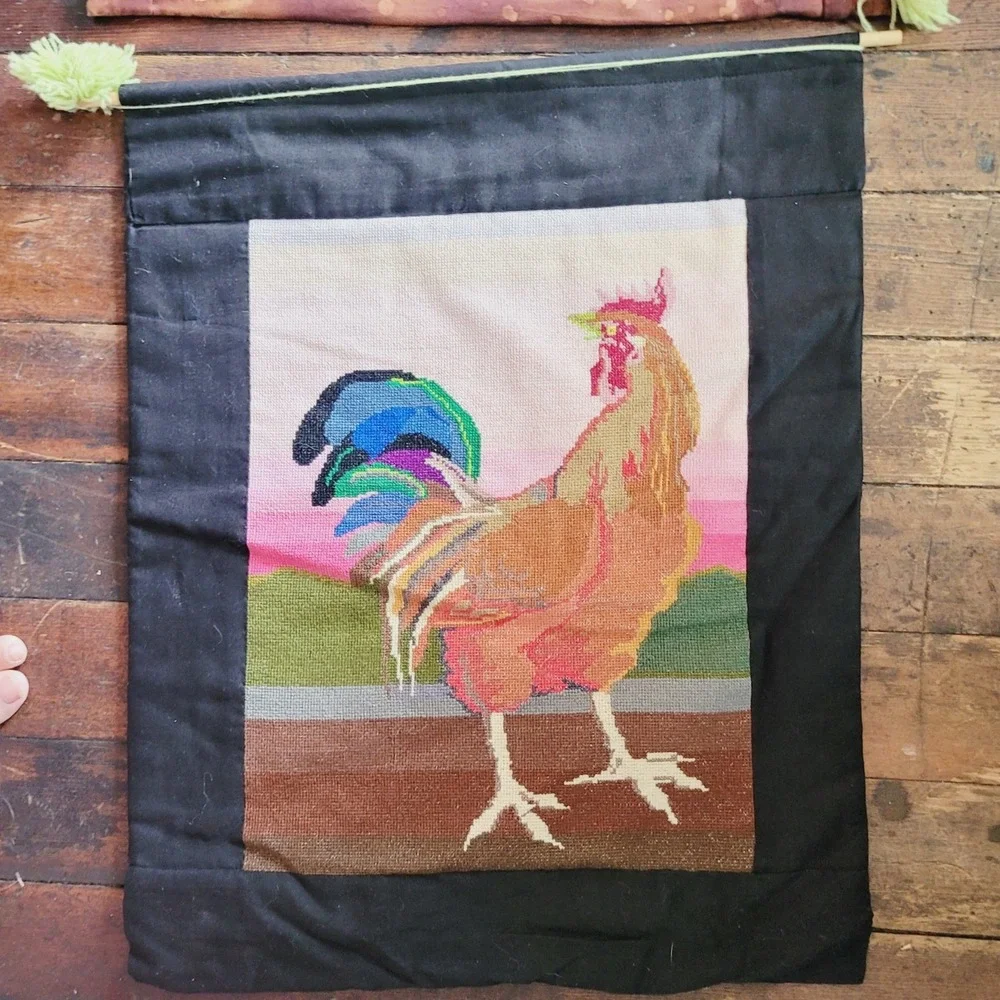 Vintage Woven Rooster Wall Hanging Set of 2 Farmhouse Textile‎ Art with Tassels